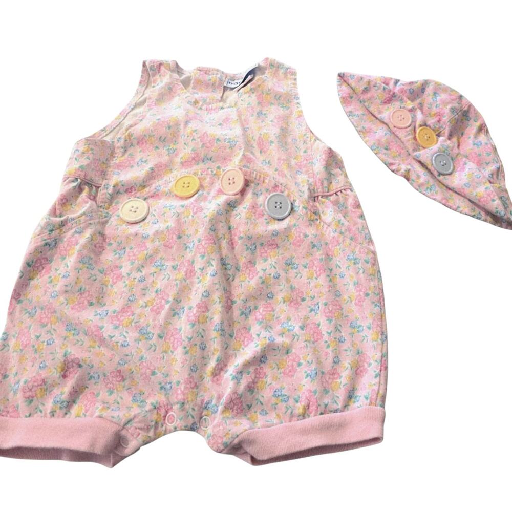 Vintage Doe Spun Romer & Hat Set Baby Girl SZ 6-9M Pink Buttons Flowers Pastels